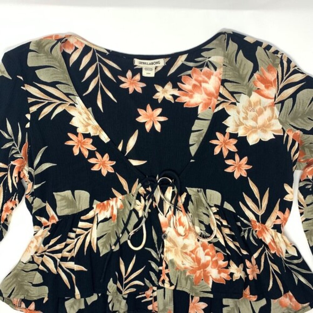 Billabong Black with FLowers Rayon‎ Women's Front Tie Cami Top Size Large